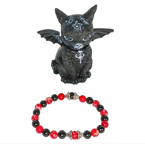 Red Sea Sediment Jasper & Black Onyx Beaded Bracelet New Age Grunge Gothic Y2K - Picture 1 of 10